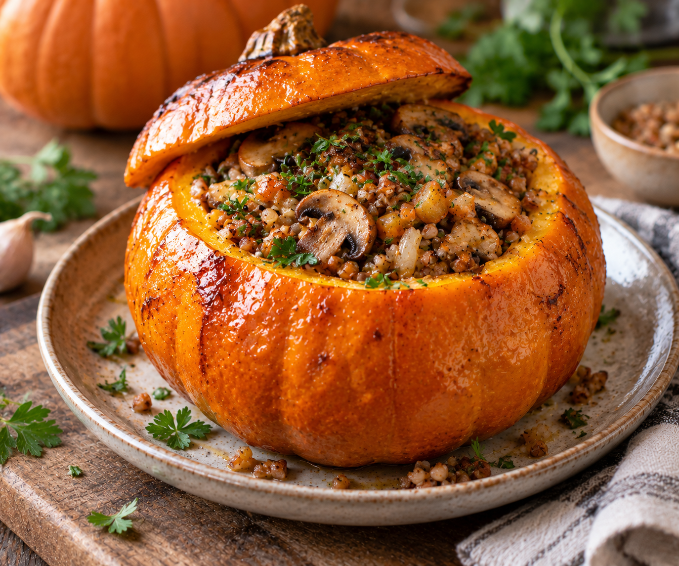 Тыква, фаршированная гречкой и грибами